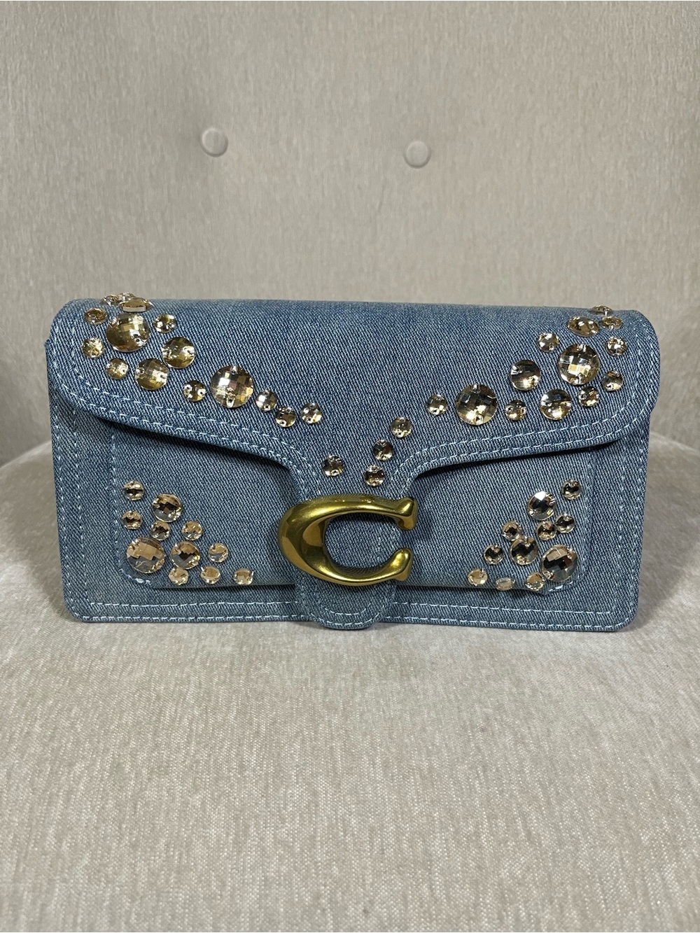 Coach Light Blue Denim Crystal-Embellished Clutch with Gold 'C'